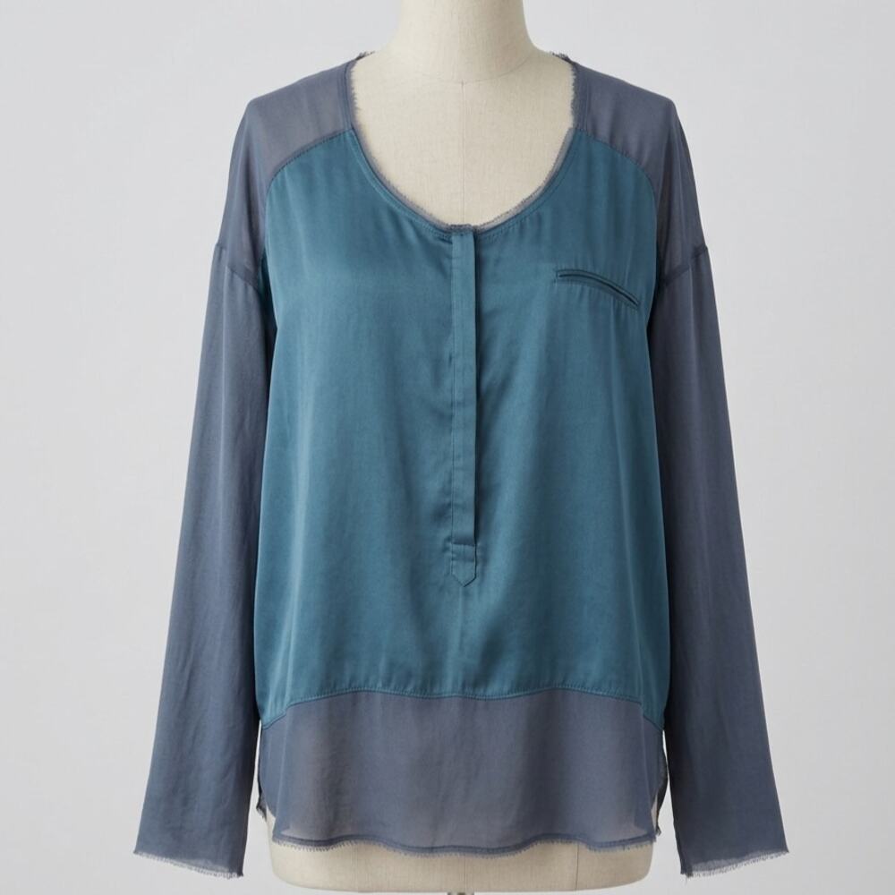 GoSilk Large Mixed Media Washable Silk V-Neck Blouse